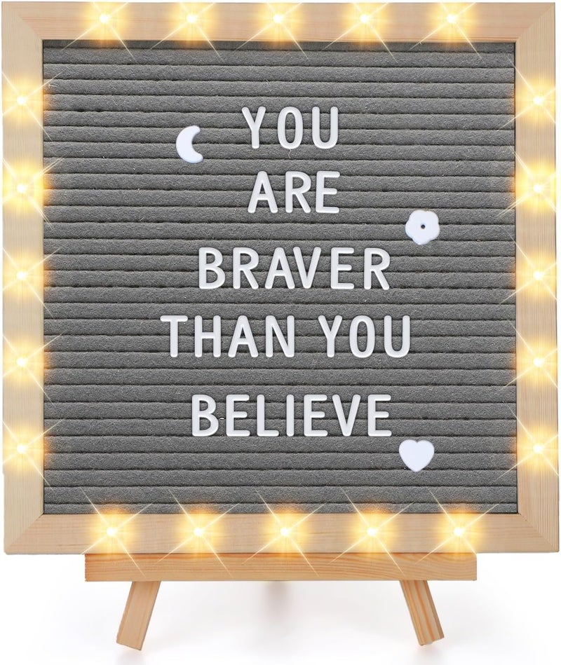 ANPHSIN Changeable Felt Letter Board with LED Lights - 10×10" Message Custom Signs & Wood Stand & 450 Letters, Poster Board for Valentine's Day/Baby/Pregnancy Announcement/Classroom Wall Decor Gifts, Grey - Image 1